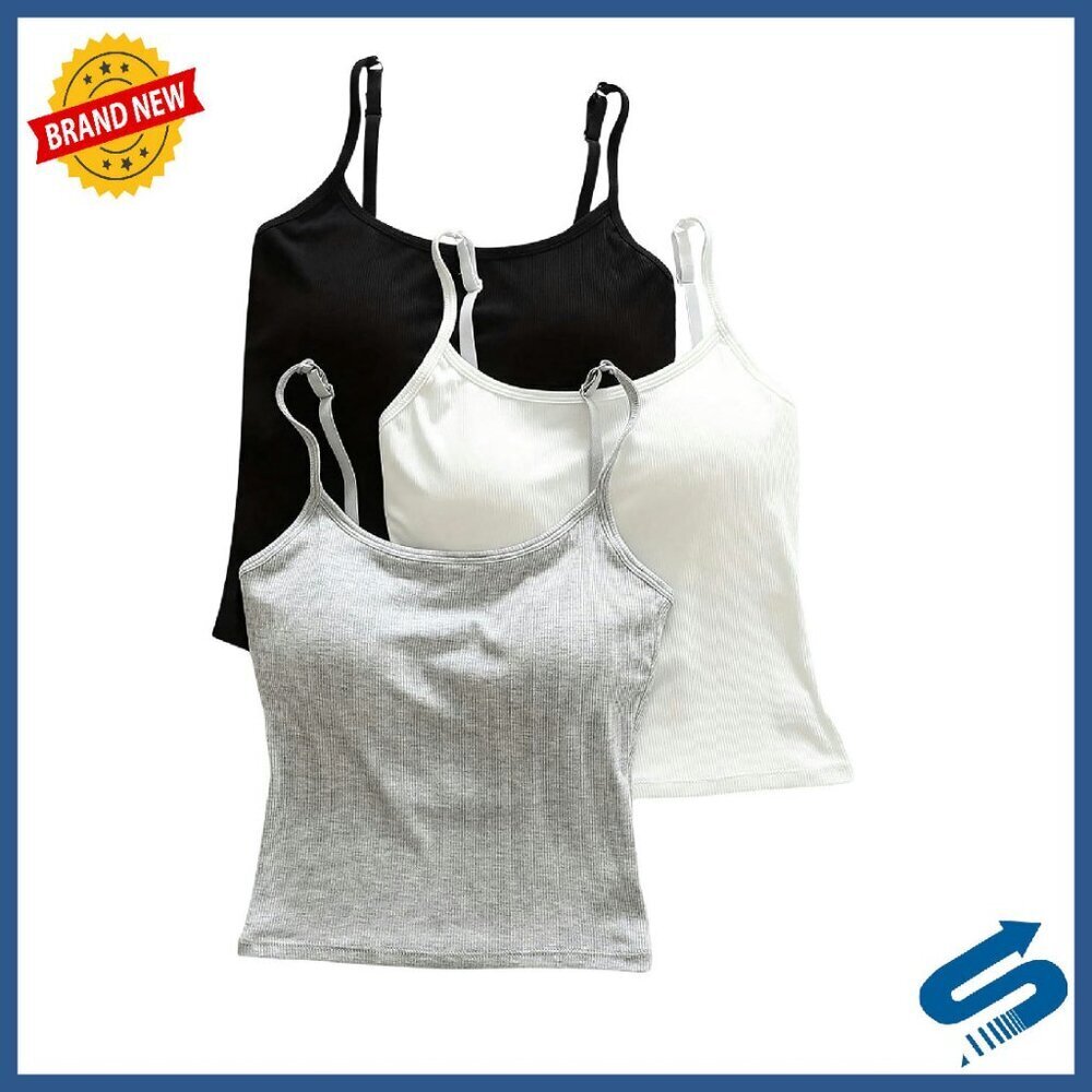 3 Pack Cami Crop Tops Built in Bra Light Support Spaghetti Strap